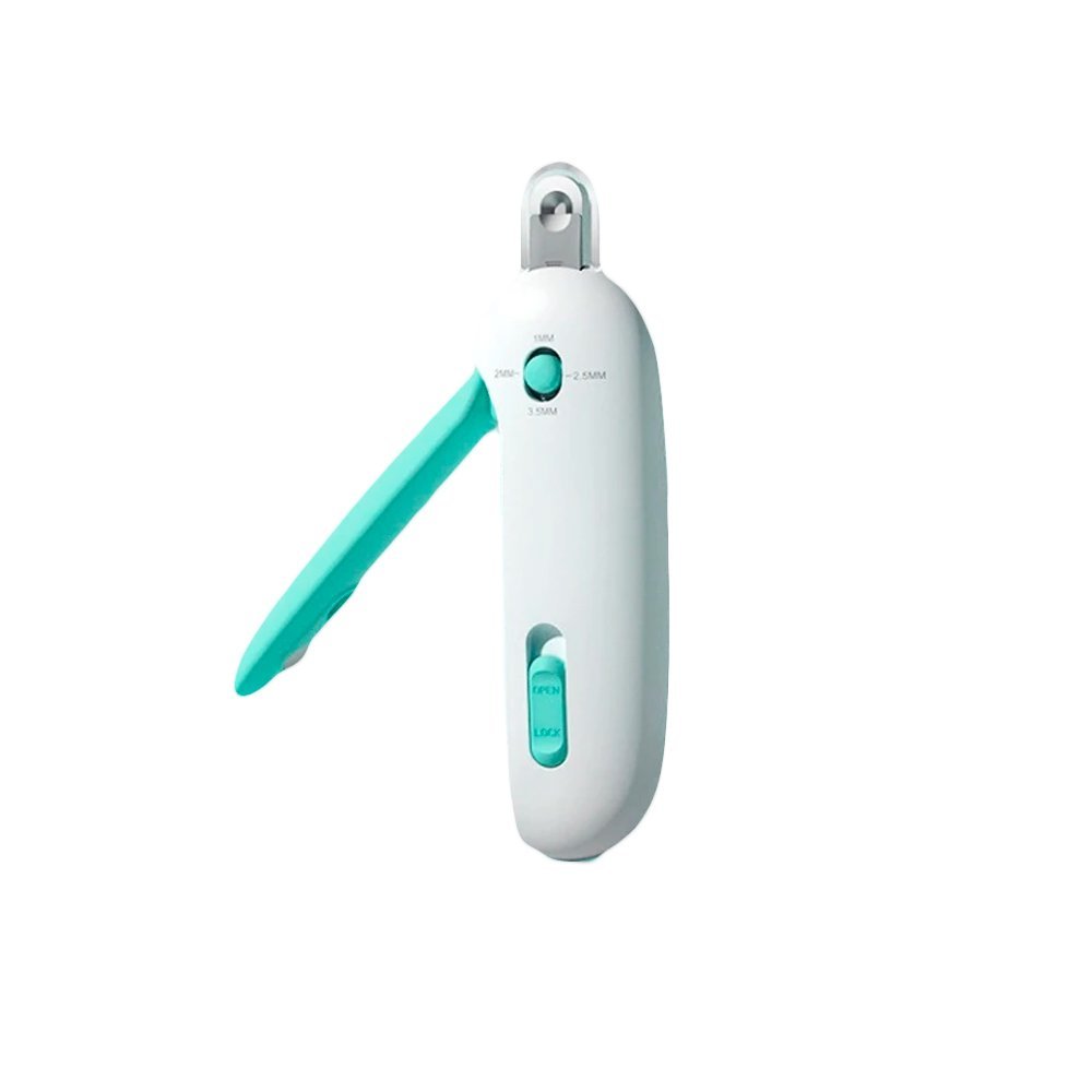 Cat nail clipper partially open showing depth guard and locking switch