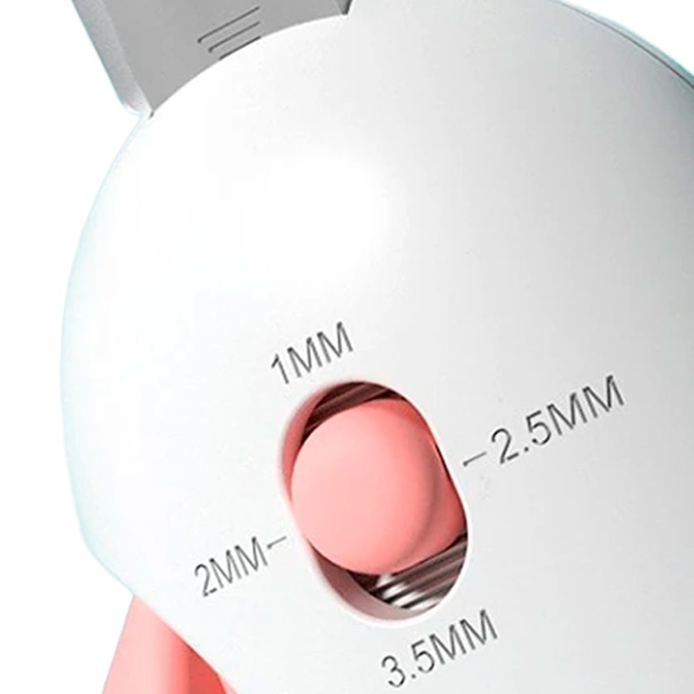 Close-up of trimming depth dial on cat nail clipper with measurements from 1mm to 3.5mm