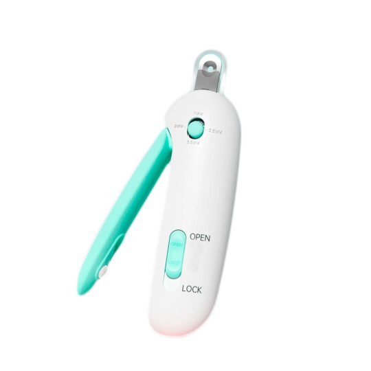 Cat nail clipper open view showing blade, ergonomic handle, and depth selector