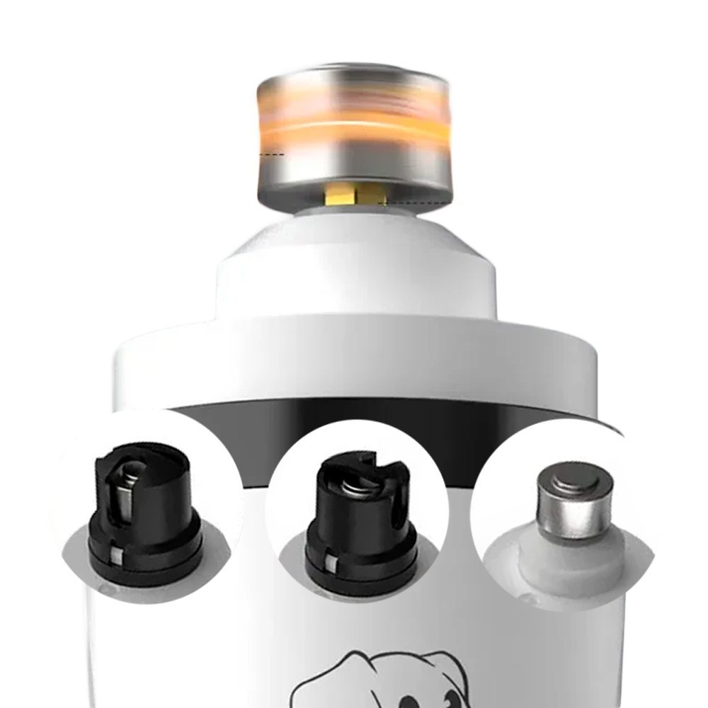 Close-up of dog nail grinder head with interchangeable grinding ports