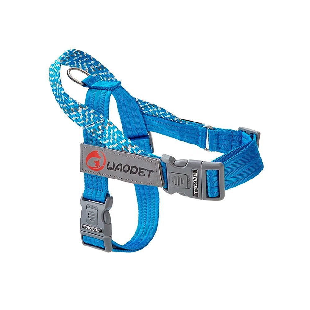 ide view of no pull dog harness in Impact Blue with reflective straps and aluminum D-ring