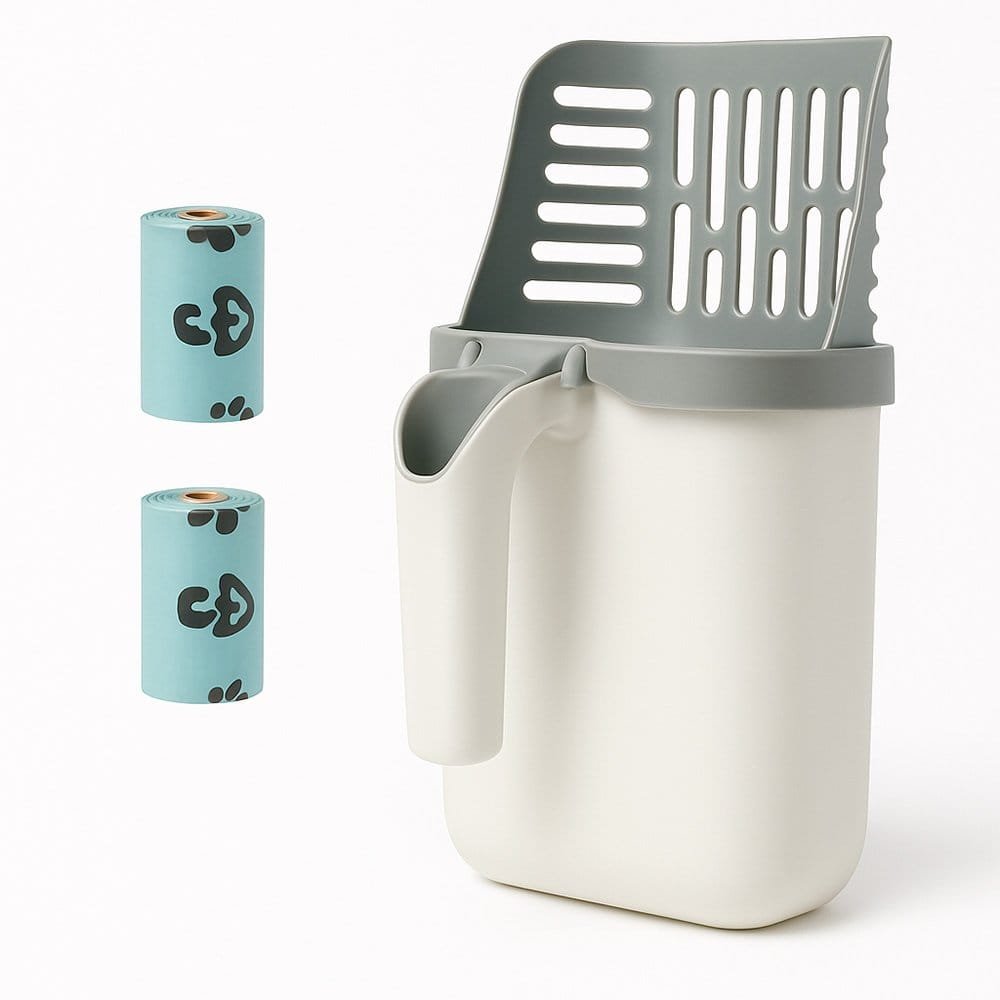 cat litter scoop with built-in bin and two blue disposal bag rolls on white background