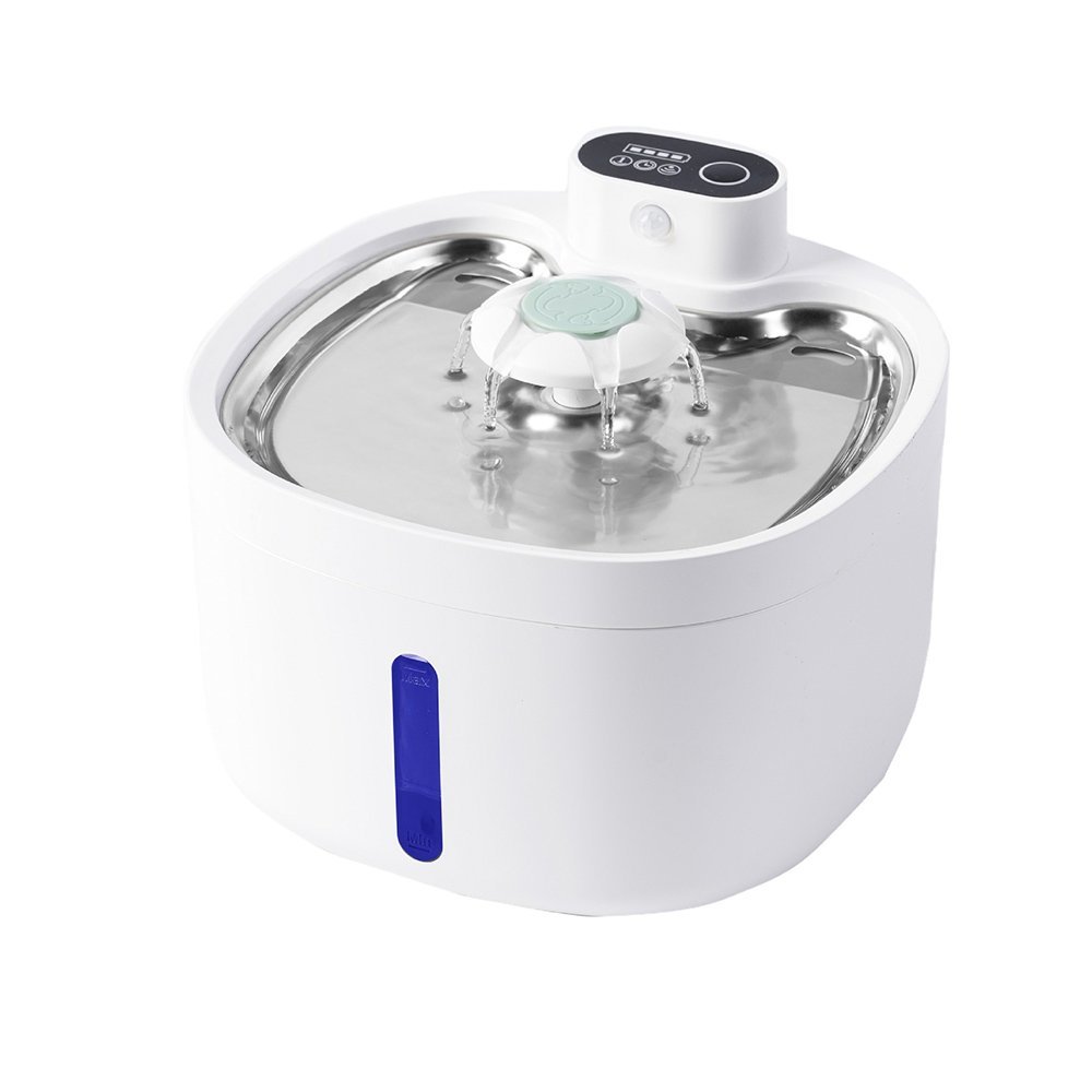 Automatic cat water fountain with stainless steel top and wireless sensor, ideal for healthy pet hydration.