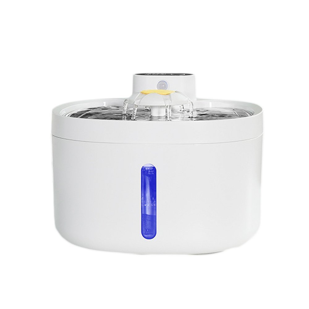 Front view of automatic cat water fountain with stainless steel top and transparent water level indicator.