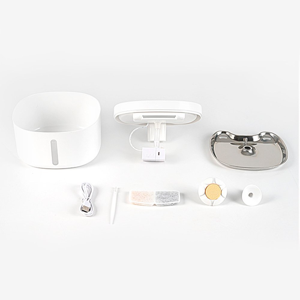 Disassembled view of automatic cat water fountain showing all included parts and accessories.