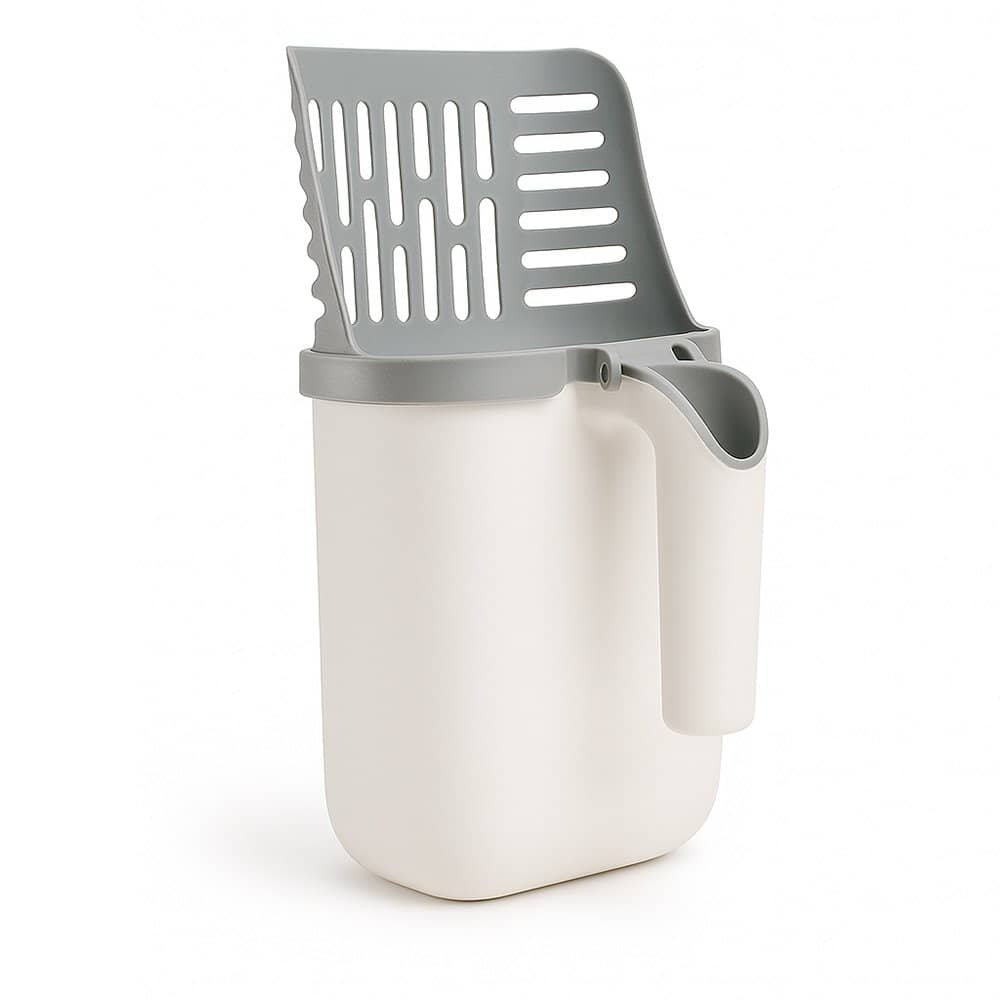 integrated cat litter scoop with attached waste bin on white background